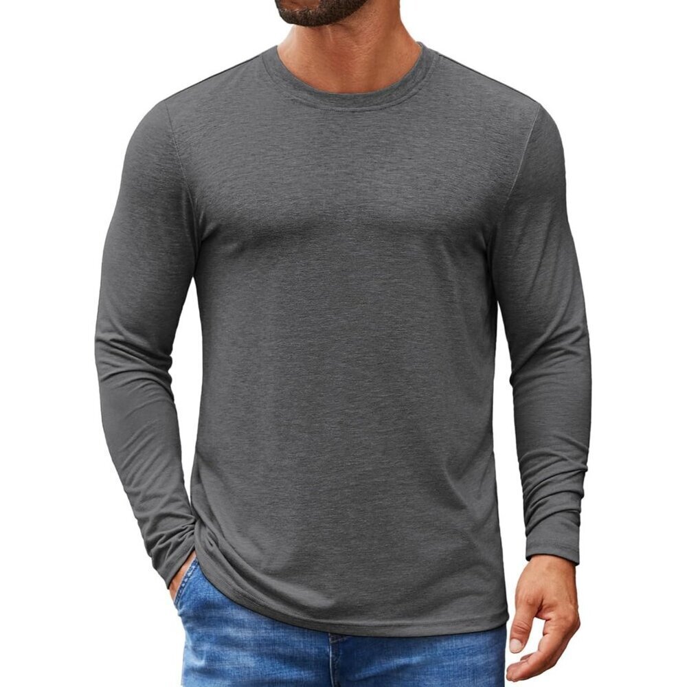 COOFANDY Men Dark Grey Crew Neck T-Shirt Long Sleeve Pullover Tees Soft Stretch